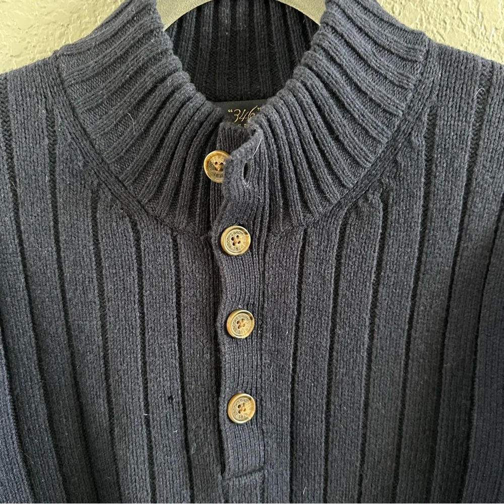 Brooks Brothers Ribbed Mock Neck Henley Wool Sweater Navy Large